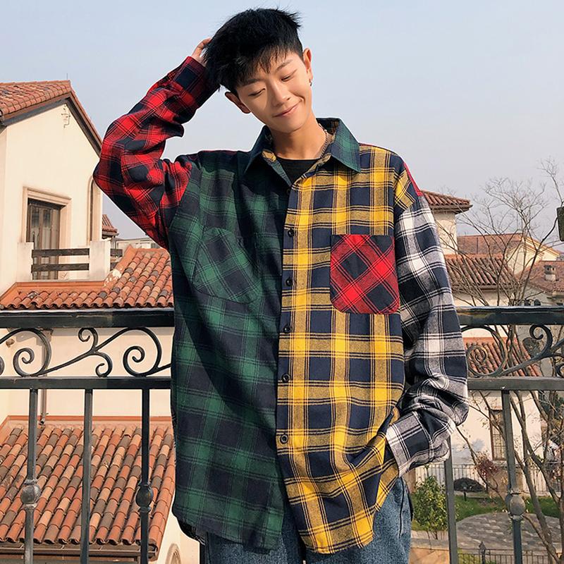 Men Oversized Cotton Plaid Shirt 2021 Man Hip Hop Patchwork Button Up Long Sleeve Couple Korean Harajuku Clothing Men's Casual Shirts