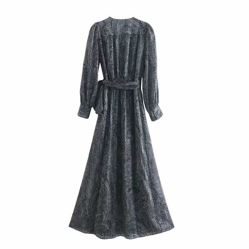 Women Dress Printed Crossover V-neck Long Cuffed Sleeves Wrap-style Belt Long Dress vestidos femme robe 210709