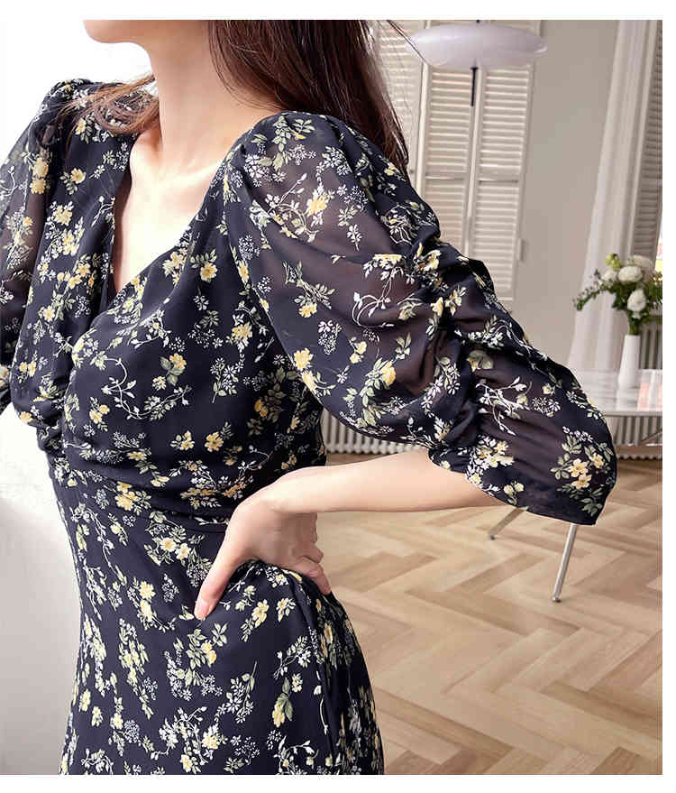 Korean Chic Retro Boho Dress Summer Sweet Floral Print Women's Ruched V-Neck Chiffon Long Dresses Vestidos 210519