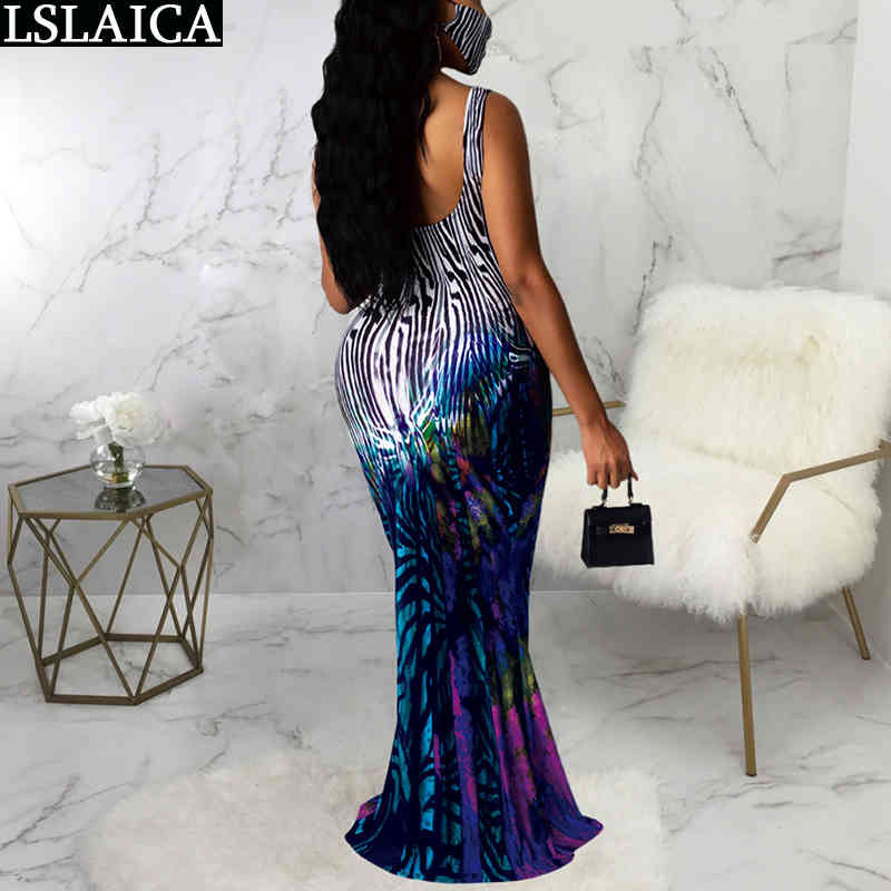 Party Dress Sleeveless Print Patchwork High Waist Backeless Sexy Evening Club Floor Length Bodycon Femme 210515