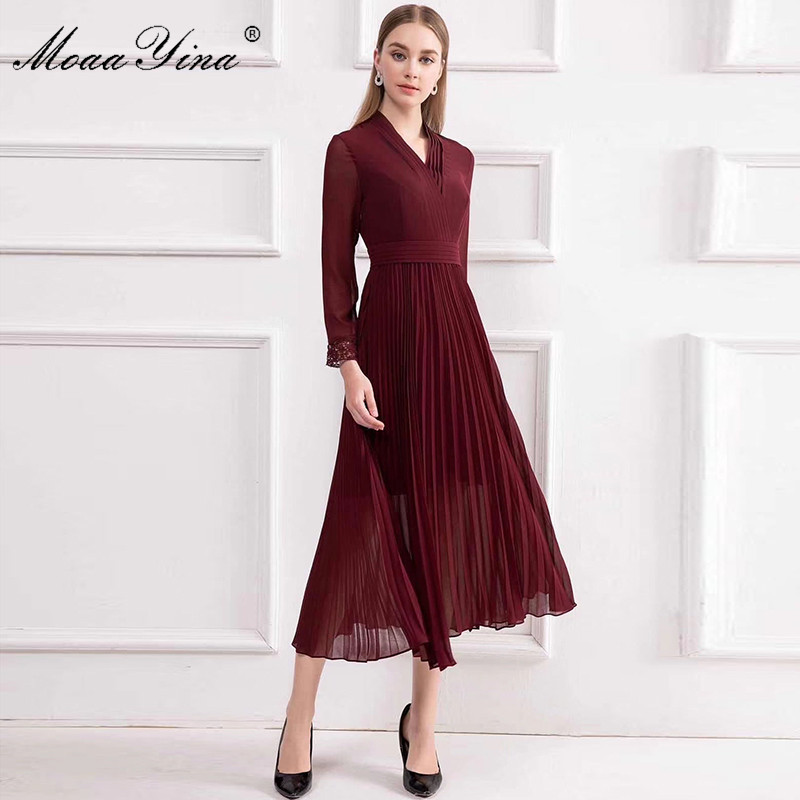 Fashion Runway dress Spring Summer Women's Dress V-neck Long sleeve Solid color Elegant Pleated Dresses 210524