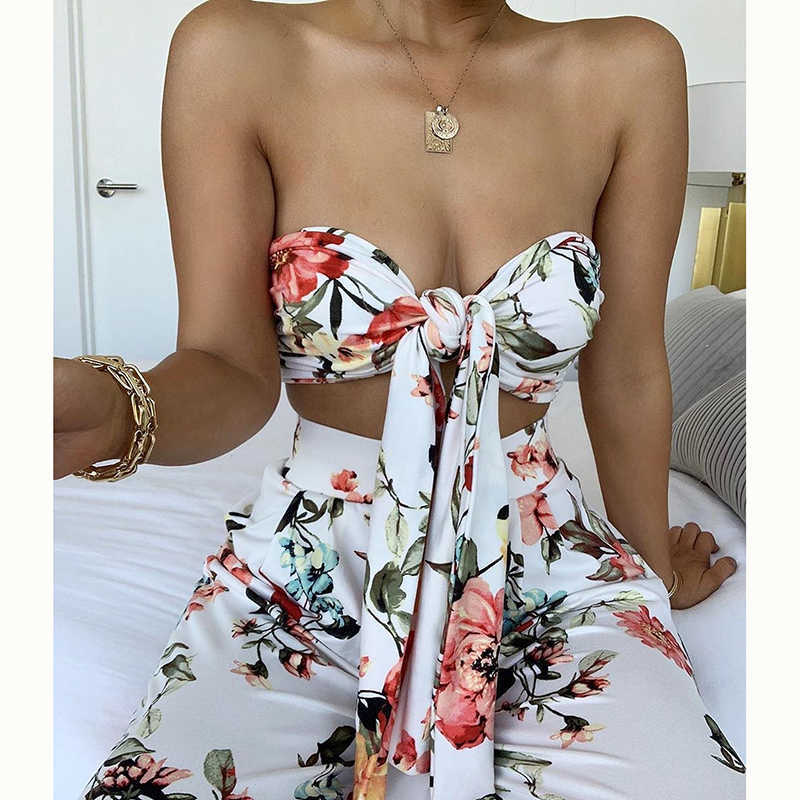 Colysmo Sexy Two Piece Set Women Summer Knotted Crop Top Wide Leg Long Pants 2 Sets Floral Print Casual Clothes 210527
