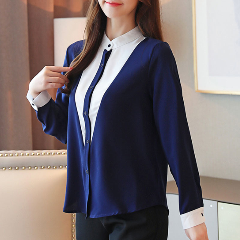 Long Sleeve Stand Collar Women Tops Casual Slim Clothing Office Ladies Shirts Fashion Chiffon Blouses 6378 50 210508