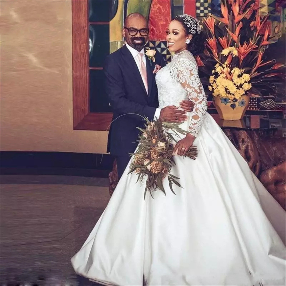 Satin puffy skirt Wedding Dresses Ball Gown Long Sleeve High Neck Lace Pearls Crystal Beading aso ebi african Bride Gown
