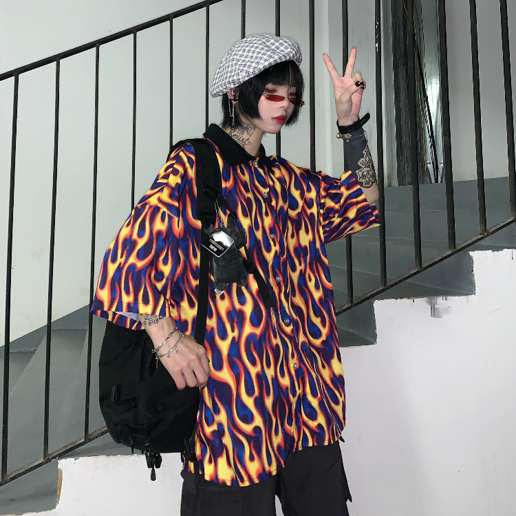 Woherb Streetwear Flame Print Women Men Blouse Shirts Summer Short Sleeve Turn Down Collar Hit Color Loose Harajuku Blusas 210317