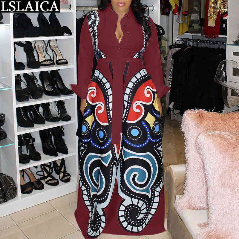 Fashion Woman Dress Autumn Print Long Sleeve Turn-Down Collar Vintage Female Maxi Big Hem Plus Size Vestidos De Fiesta 210515