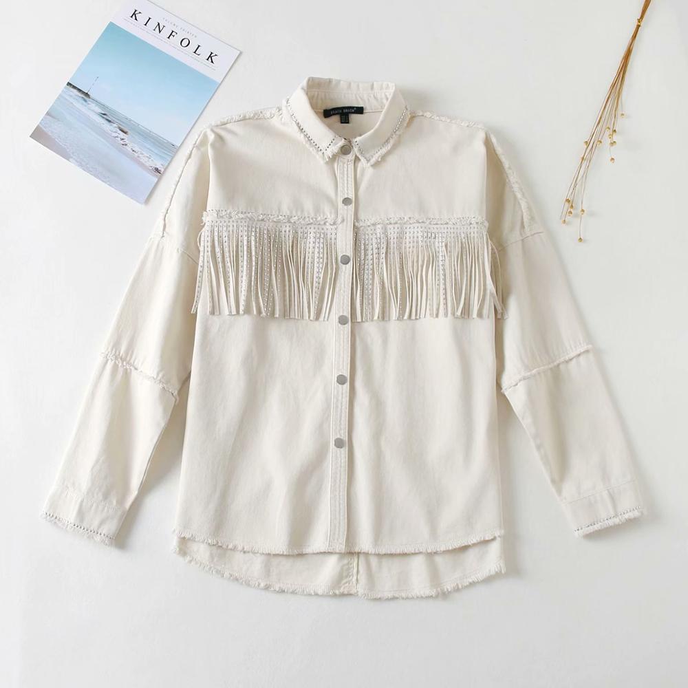 2109 Autumn Tassel Rivet Single-breasted Women's Jacket Tops Vintage Frayed Lapel Long Sleeve Army Green Denim Female Coat 210507