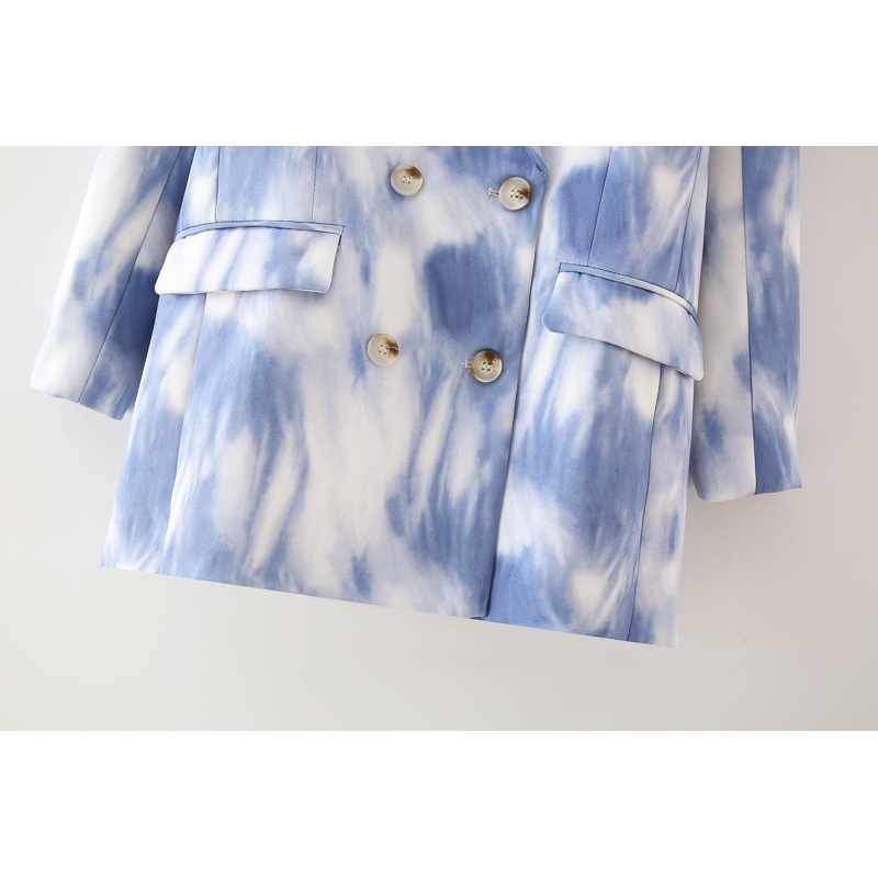 fashion women blue print blazer office ladies double breasted jackets casual female pocket suits girls chic sets 210430