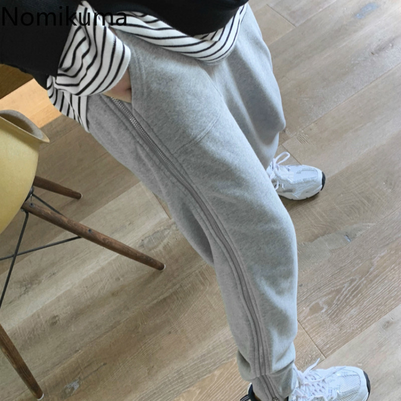 Nomikuma Autumn New Women Sweatpants Korean Lace Up Stretch High Waist Long Trousers Causal Side Zipper Harem Pants 6C176 210427
