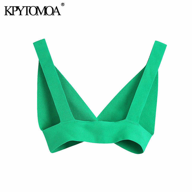 KPYTOMOA Women Fashion Ribbed Knit Crop Tank Tops Vintage V Neck Wide Straps Female Camis Mujer 210625
