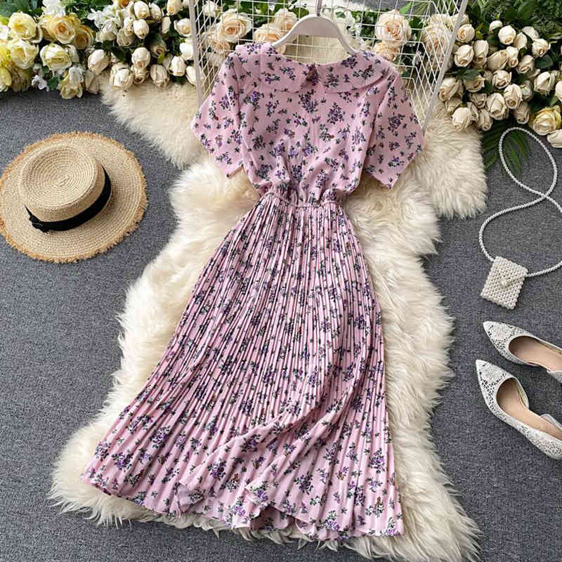 Summer Women Sweet Pleated Dress Vintage Elastic Waist Short Sleeve Floral Print Dress Elegant Doll Collar Midi Dresses 210521