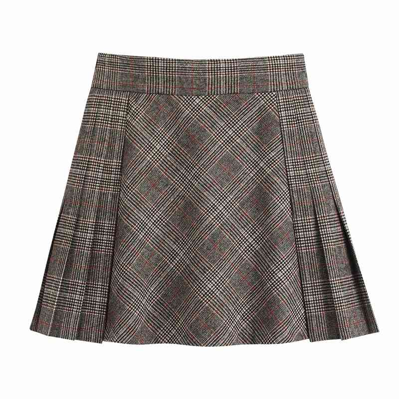 Streetwear Women Elegant Woolen Skirts Fashion Ladies Grey Plaid Vintage Female Chic High Waist Pleated Skirt 210430