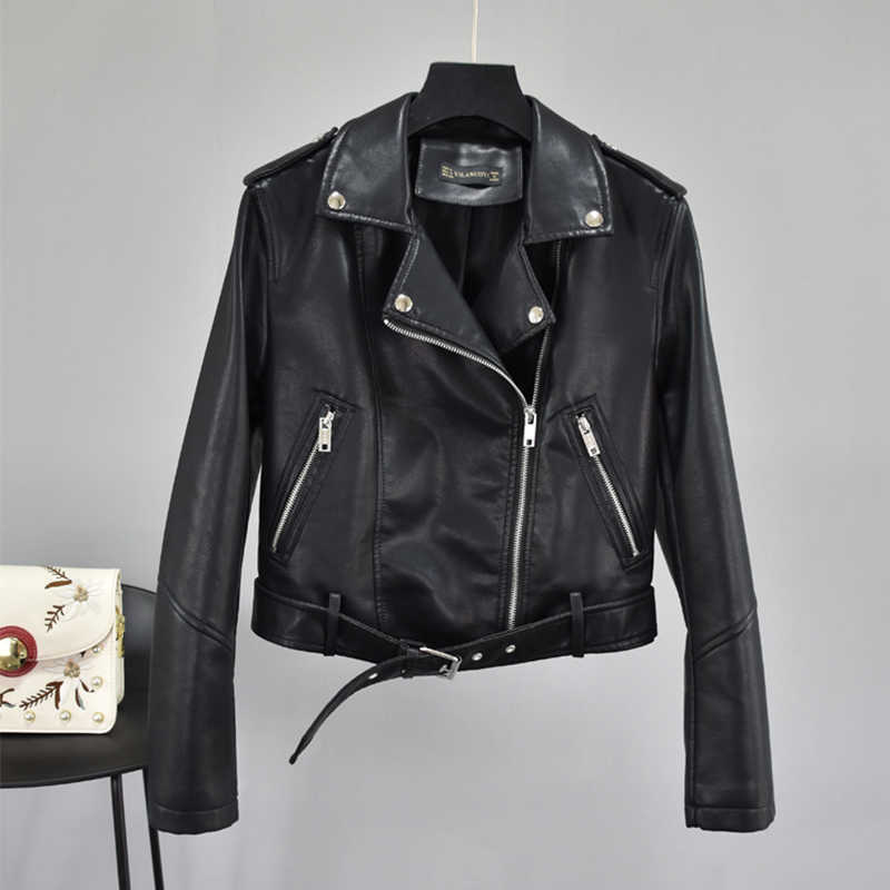 LY VAREY LIN Faux Soft Pu Leather Jacket Women Turndown Collar Motorcycle Zipper Basic Jackets Female Rivet Epaulet Biker Coats 210526