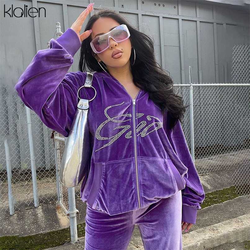 KLALIEN Autumn Fashion Letter Diamond Hooded Zipper Coat and Wide Leg Pants Two Piece Set For Women Casual Loose Streetwear Suit 211116