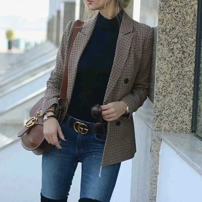 elegant women plaid brwon blazer jackets fashion ladies chic long suits casual female streetwear girls vintage 210527