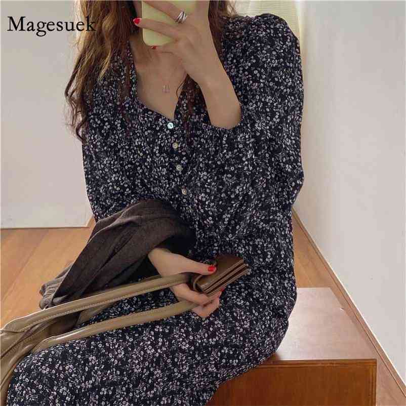 Vintage Single-breasted Floral V-neck Mid-length Dress Long-sleeved Korean Style Print for Women Split Long es 11664 210518, As shown in figure
Vintage Single-breasted Floral V-neck Mid-length Dress Long-sleeved Korean Style Print for Women Split Long es 11664 210518, As shown in figure