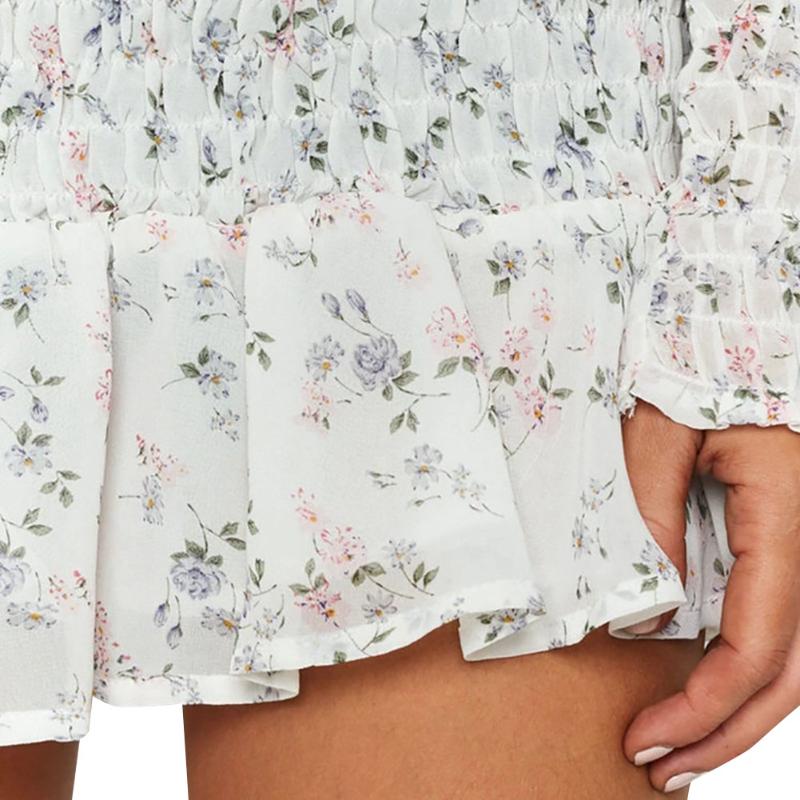 Women Fashion Pleated Ruffles Dress Summer Vintage Floral Square Collar Long-sleeved Chiffon Casual Dresses