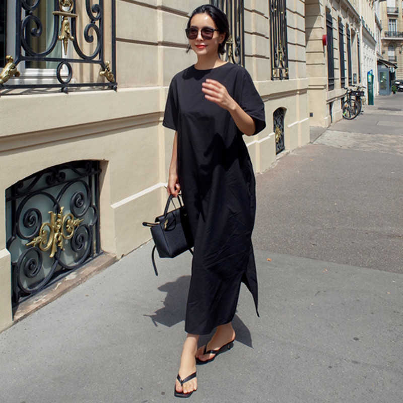 Loose and Plus-sized Batwing Sleeve Black Dresses Backless Bow BF Style Solid Casual Split Knee-Length Dress Women 210615