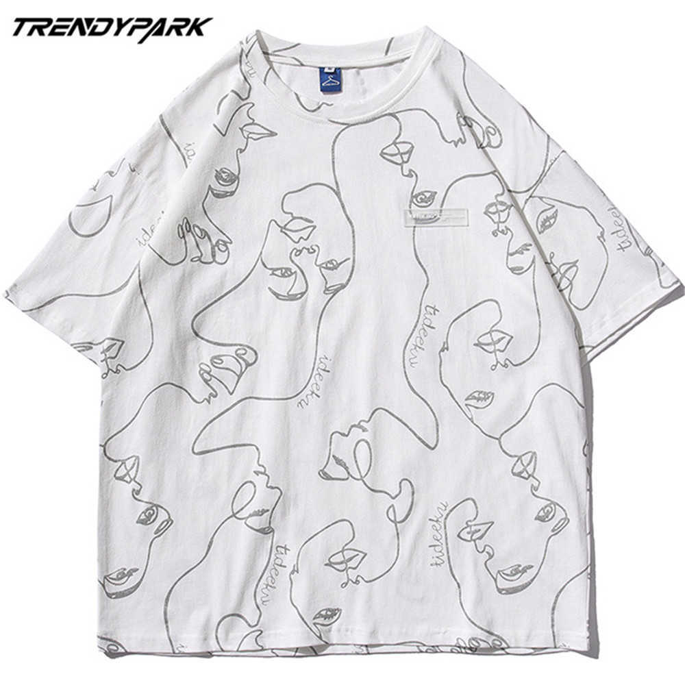 Men's T-shirt Reflection Lines Abstract Faces Summer Short Sleeve Hip Hop Oversize Cotton Casual Harajuku Streetwear Top Tshirts 210601