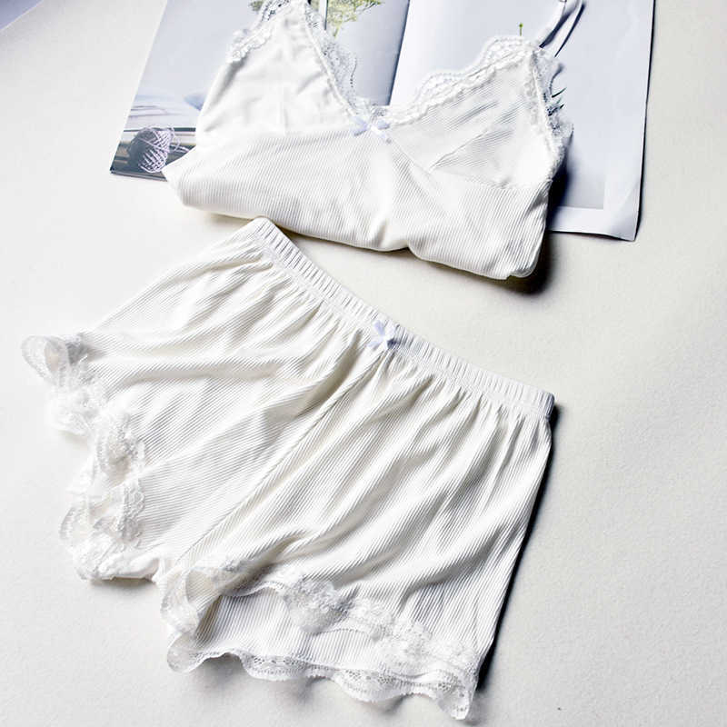 Two Piece Cotton Pajamas Set for Women Sexy Lace Top And Shorts Pajama Sets Spaghetti Strap Sleepwear High Elastic Woman Clothes 210924