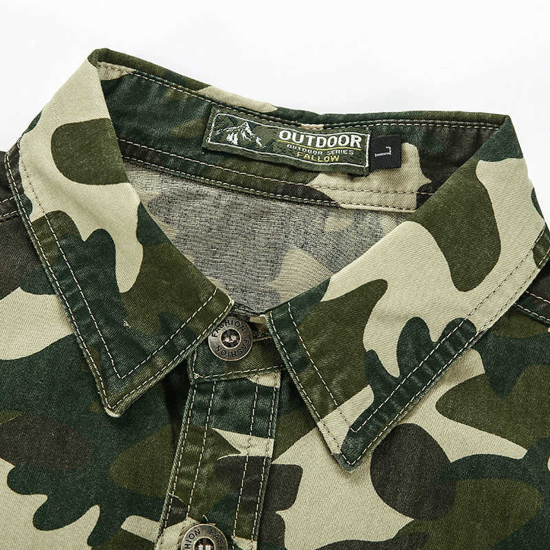 Camouflage Short Sleeved Shirts Men Summer Army Green Cotton Denim Shirts Casual Tooling Shirts Slim 2 Pockets Men's Blouse 210603
