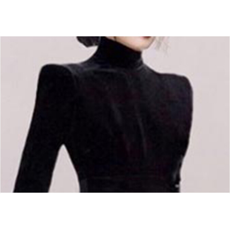 High Quality Vintage Black Velvet Turtleneck Collar Party Dress Women Elegant Temperament Female Long Sleeve Vestidos 210520