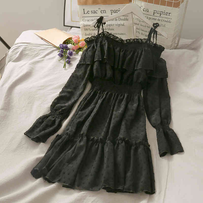 Sexy Fairy Strap Off Shoulder Ruffled Polka Dot Chiffon Dress Women Flare Sleeve Sweet Slim Waist Pleated Vestido Feminino 210429