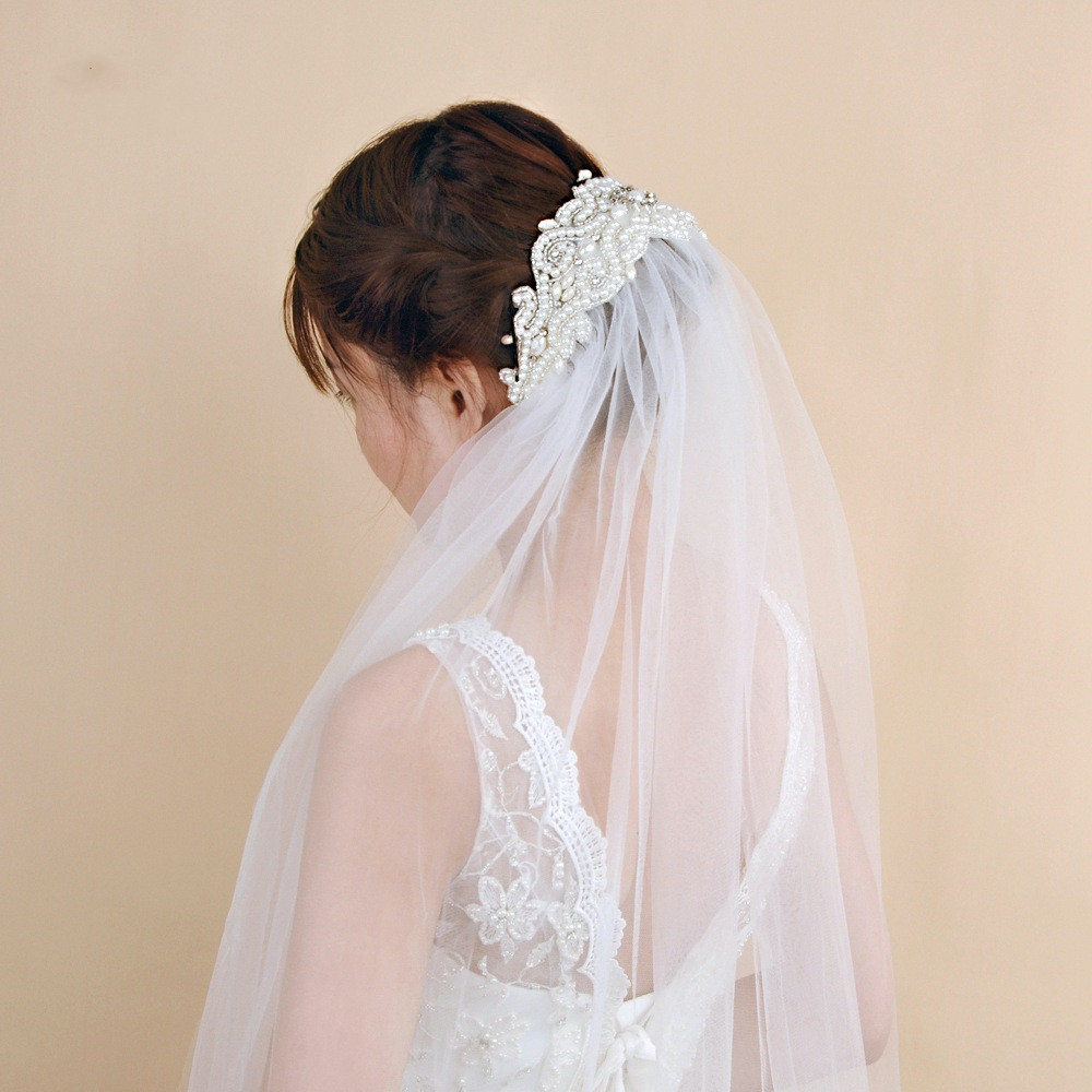 Wedding Veils Lace Appliqued Oner Layer Custom Made Applique Race Pearl Veils with Comb Bride Bridal Accessories