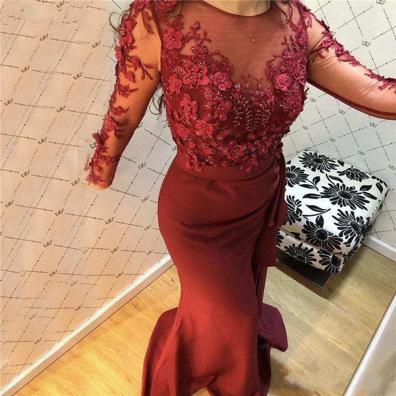 Dark Red Sexy Prom Dresses Jewel Neck Mermaid Long Sleeves Lace Appliques Beads Illusion Hand Made Flowres Ruffles Evening Dress Party Formal Gowns