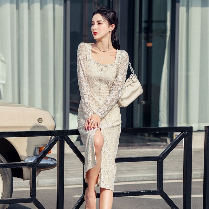 Spring Elegant Temperament Lace Dress Square Collar Long Sleeve High Waist Single Breasted Office Lady Bodycon Vestidos 210519