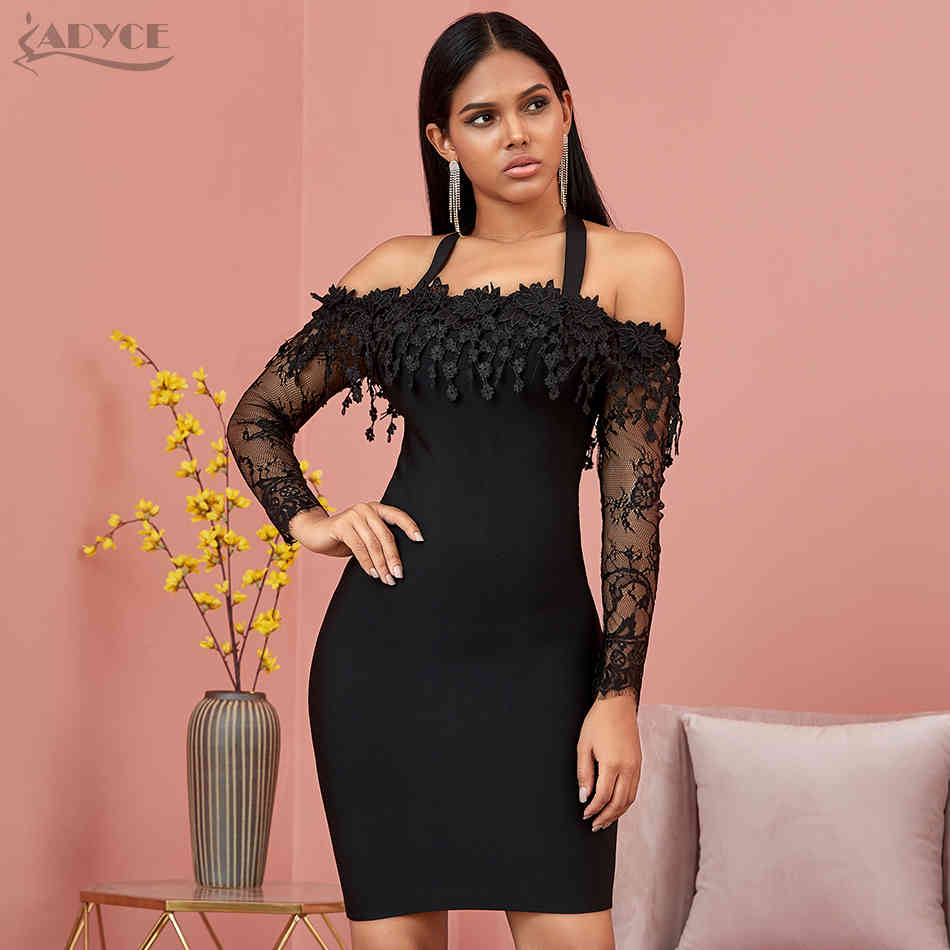 Winter Lace Off Shoulder Bandage Dress Women Sexy Long Sleeve Black Club Celebrity Evening Runway Party Dresses 210423