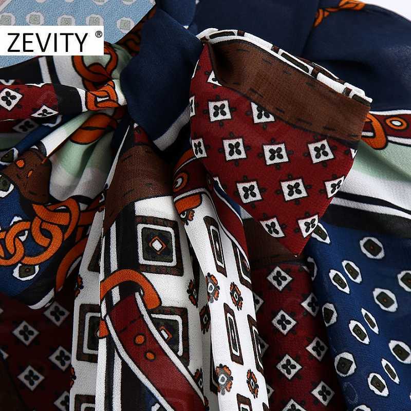 Zevity Women Vintage Geometric Patchwork Print Chain Blouse Retro Bow Tied Casual Chiffon Shirts Chic Femme Blusas Tops LS7294 210603