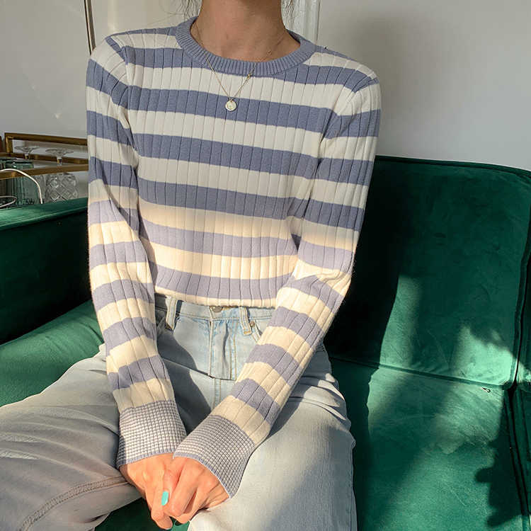 Colorfaith Spring Autumn Women's Sweaters Pullover Slim Bottoming Knitted Striped Vintage Korean Lady Wild Tops SW6690 210917