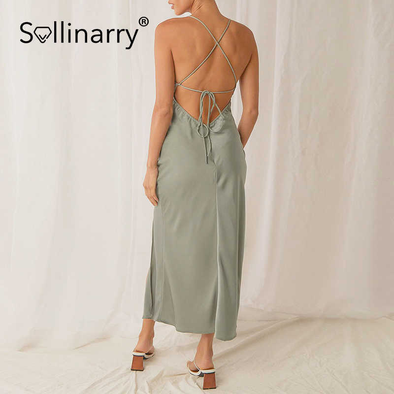 Sollinarry Elegant lady party V-neck Tuxedo slim Chic style women spaghetti split long dress summer Sexy solid dresses vintage 210709