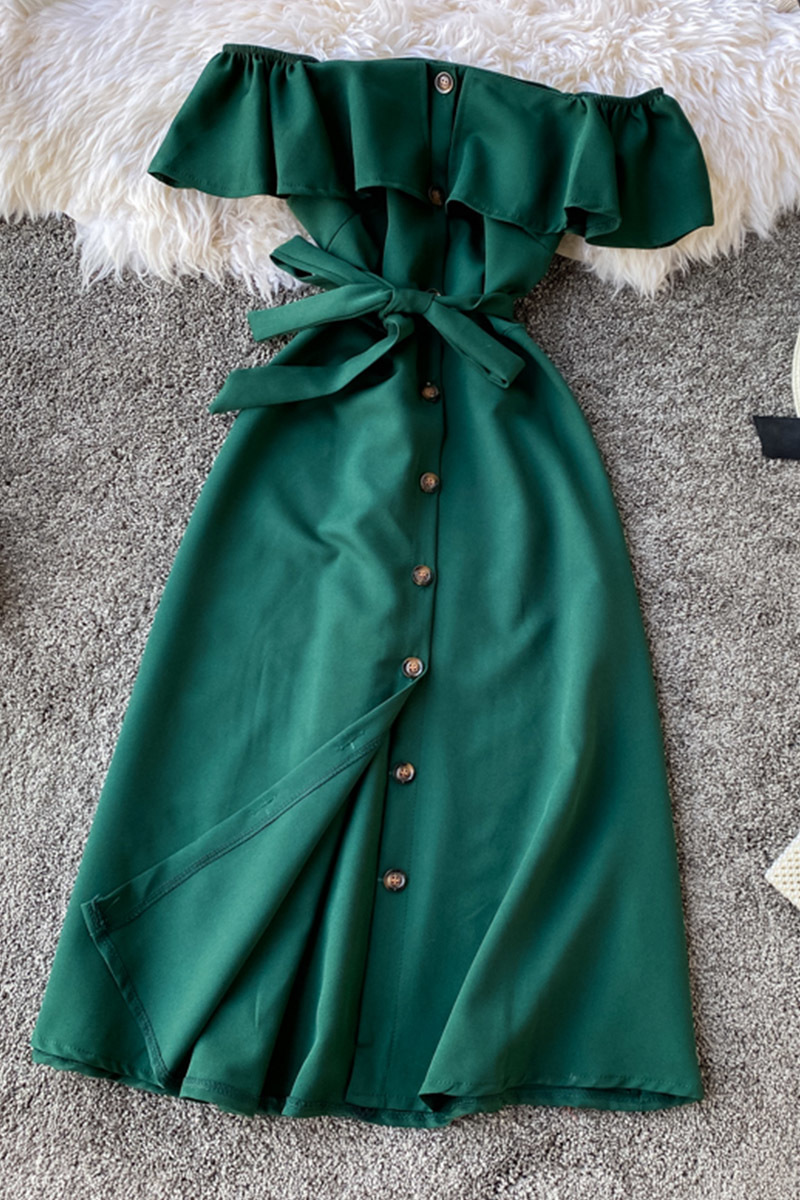 Women Beach A-line Elegant Dress Vintage Slim Button Ruffles Bandage Midi Summer Party Vestido De Festa Sexy Off Shoulder 210521