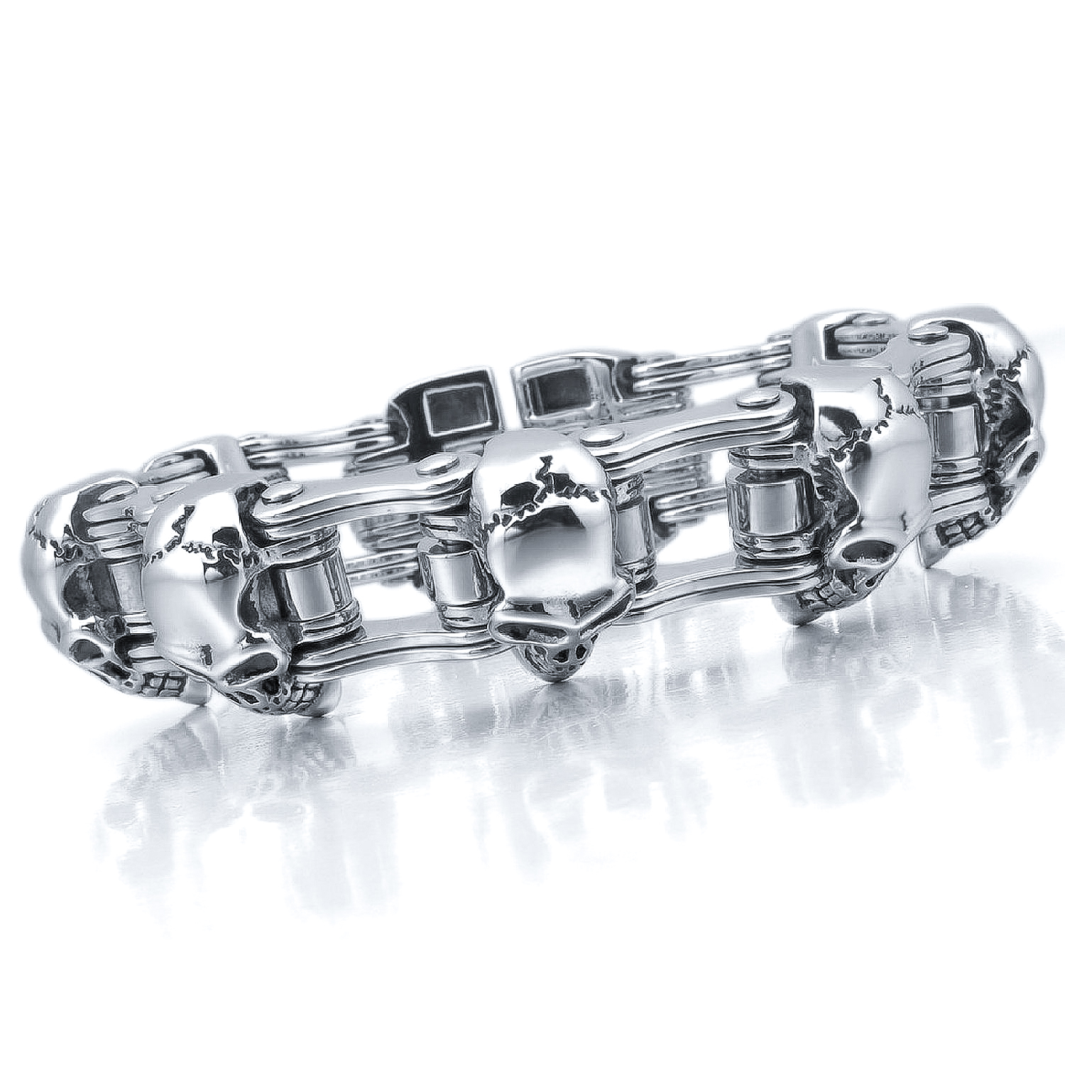 Heavy Large Men's Stainless Steel Bicycle Chain Skull Bracelet Biker Polished Punk Rock Link Wristband 22mm Wide with Velvet Bag