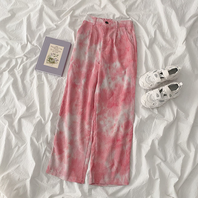 Nomikuma Corduroy Causal Women Pants Korean Tie Dye Printed Long Trousers Spring Autumn New Wide Leg Pants Mujer 6E101 210427