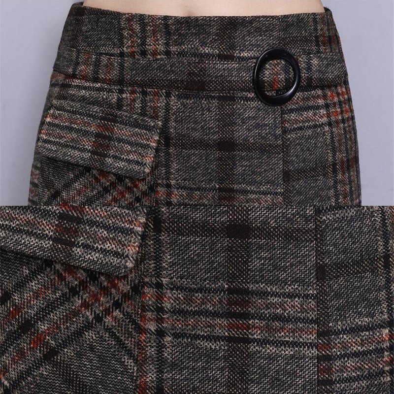 Elegant Retro Female Hight Waist Woolen Long Plaid Skirt Women Casual Straight Vintage Fashion Maxi Jupe Longue Femme Slim 210619