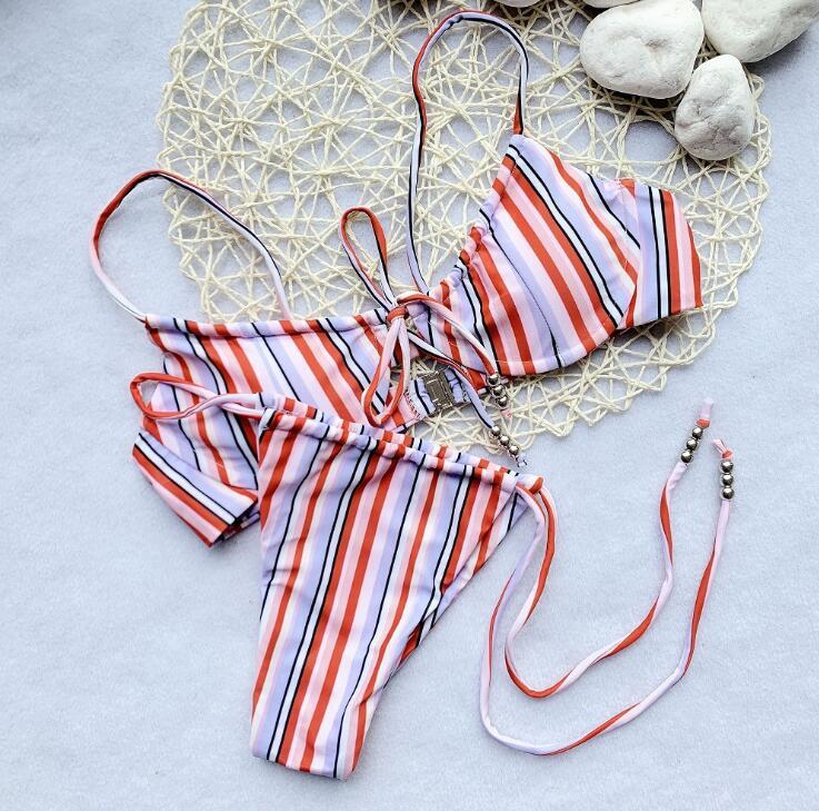 Beach Set Sexy Ladies Back Push Up Striped Bikini Padded Bra Swimwear Swim Women Suit Swimsuit Beachwear 2 pieces set 210429