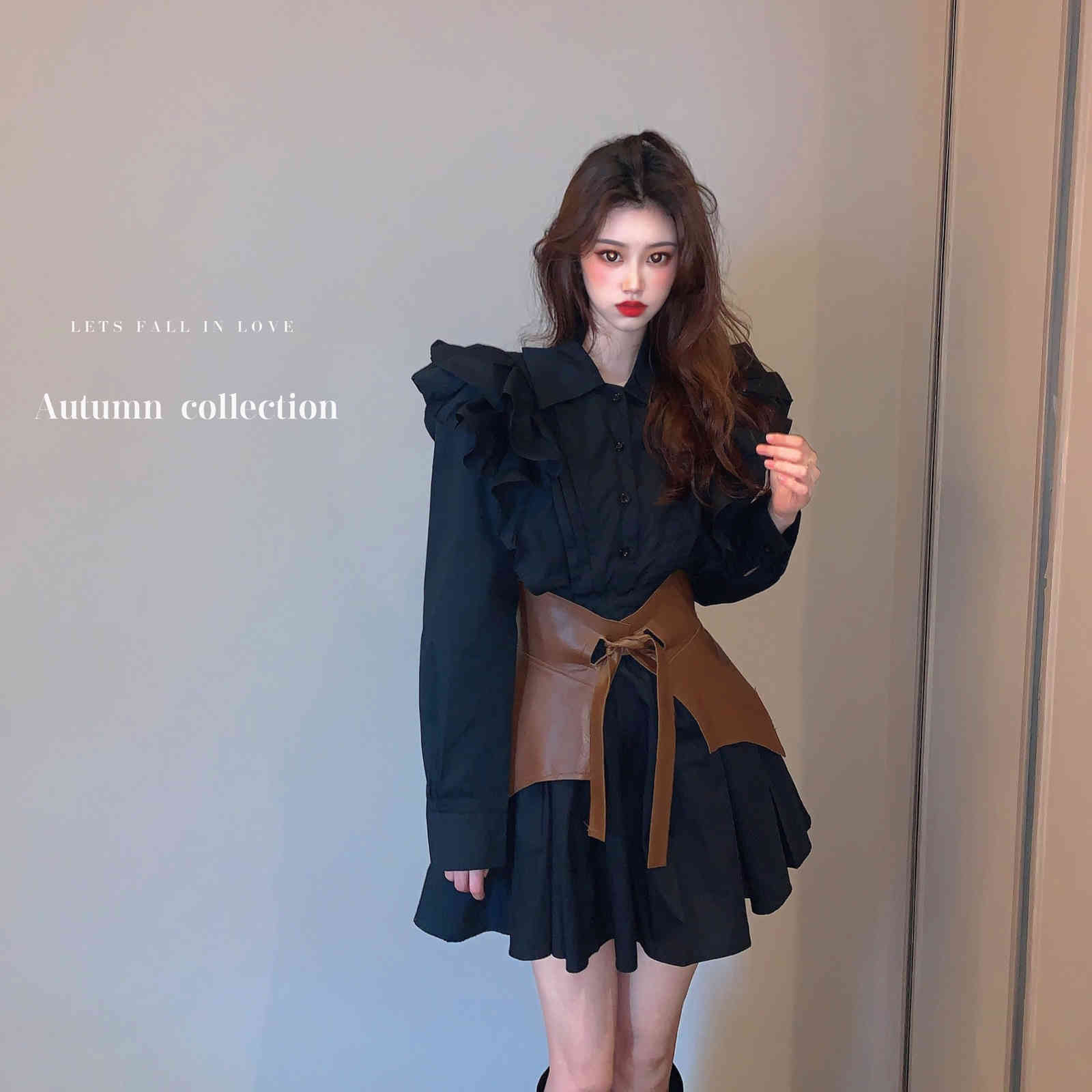 Elagant Women Mini Shirt Dress Lantern Long Sleeve Lady Short Turndown Collar Party Female es Vestidos 210519