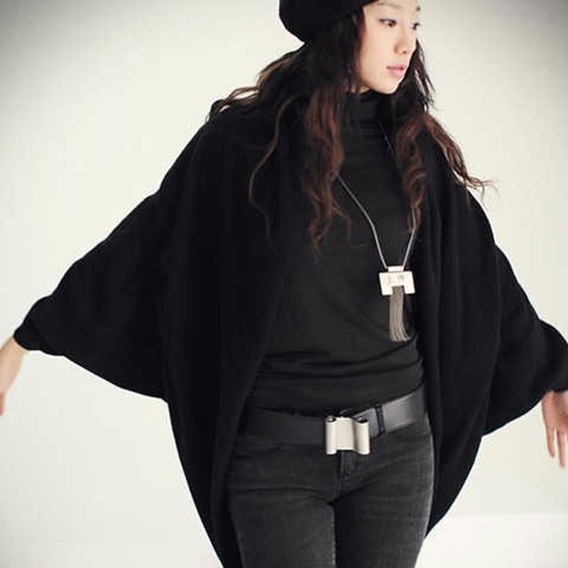 Solid Color Shawl Autumn Winter Sweater Loose Bat Sleeve Cardigan Plus Size Cape Coat Women's Han Fan 210427