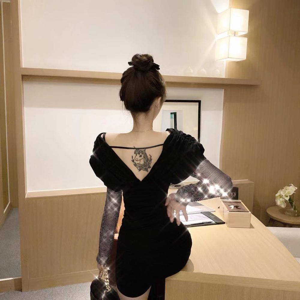 Sexy Black off shoulder sheath Dresss Women Long Sleeve Diamond Patchwork bodycon dress Fashion elegant club female Mini 210519