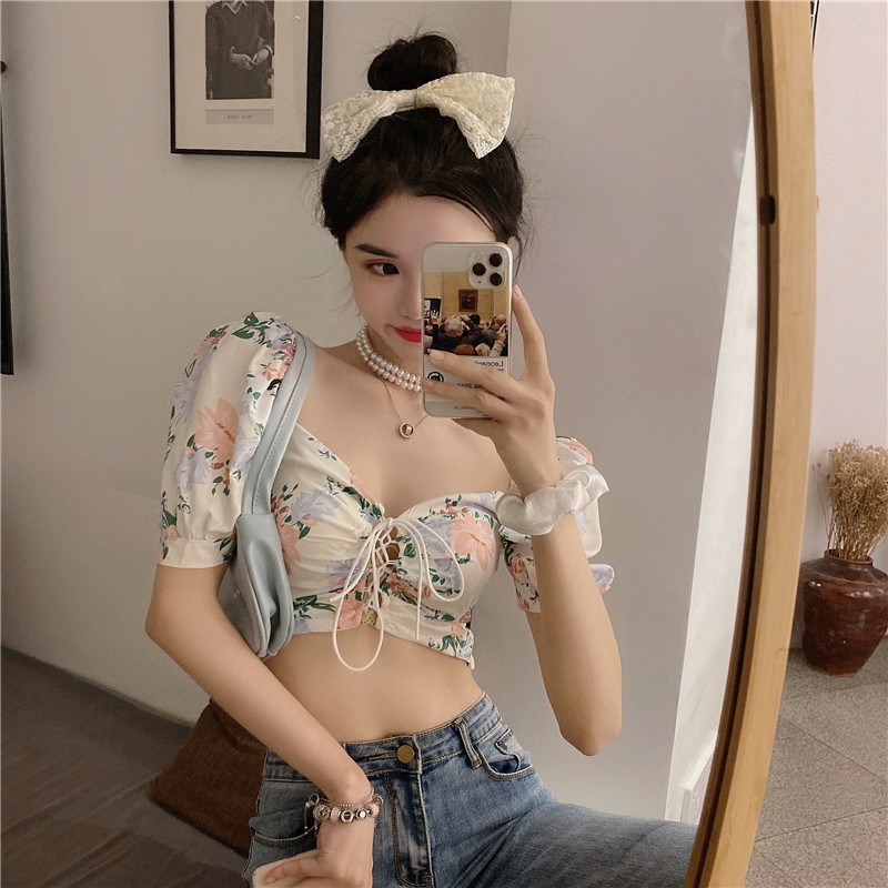 Sexy Summer Fashion Elegant Sweet Square Neck Puff Short Sleeve Floral Print Blouse Women Lace Up Shirts Blusas De Mujer 210429