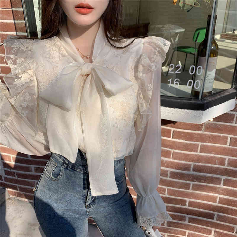 Nomikuma Women Blouse Korean Lace Embroideried Ruffle Shirt Spring Bow Tie Collar Flare Sleeve Elegant Blusas Mujer 6E225 210427