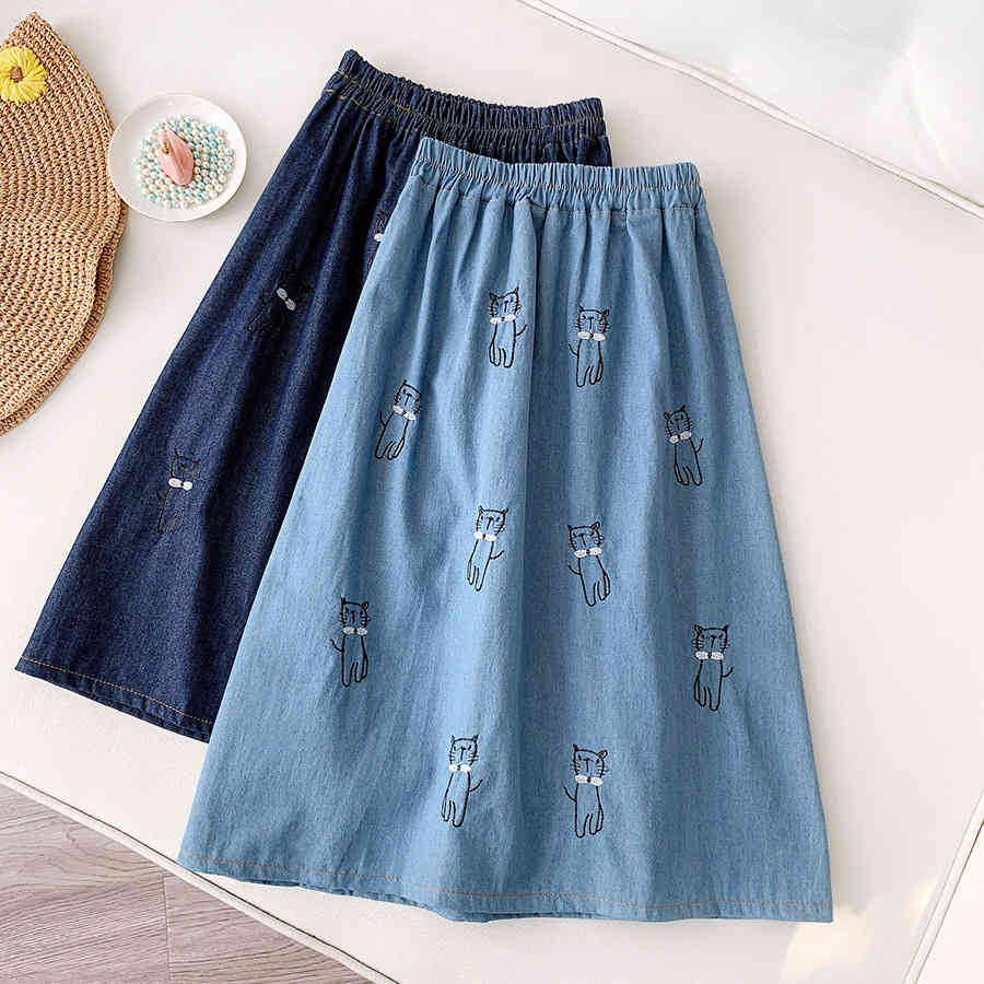 Casual Women Skirts elastic waist embroidery lovely denim knee length skirts with belt students school Grils 210524