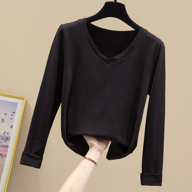 Autumn Korean Slim Office Lady Blouse V-neck Shirt Women Cotton Long Sleeve T- Solid Pullover Blusas 10476 210518