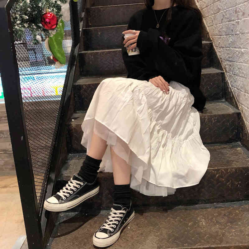 Long Skirts For Women's Harajuku Korean Style White Black Maxi Teenagers High Waist School 12819 210427