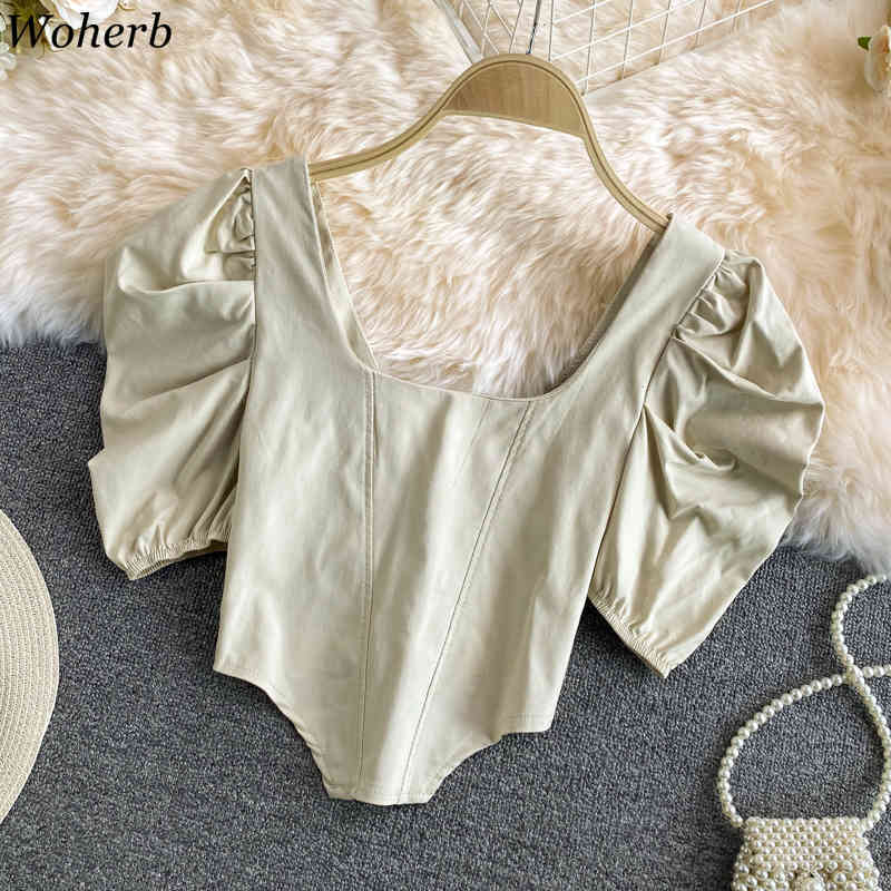 Women's Clothing Korean Blouses Square Neck Fashion Blusas Backless Lace-up White Puff Sleeve Shirts Irregular Crop Tops 210519