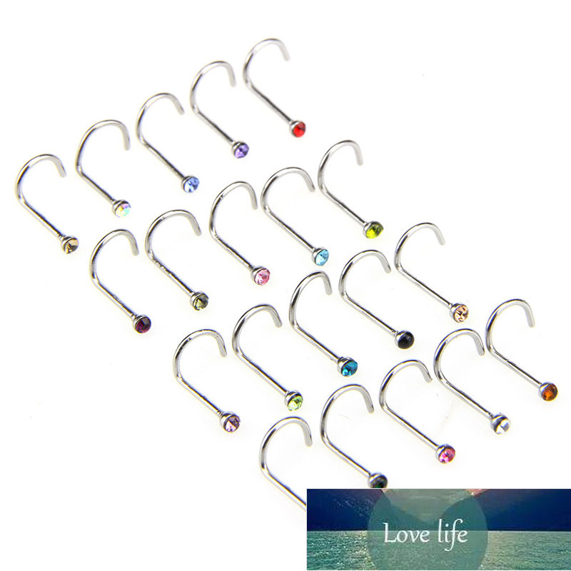 20pcs/lot Stainless Steel Crystal Rhinestone Nose Studs Hooks Bar Pin Nose Rings Body Piercing Jewelry For Women
