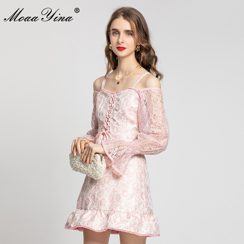 Summer Runway Pink Spaghetti Strap Dresses Women's Lantern sleeve Sequins Printed Vintage Jacquard Short Dress 210524